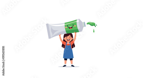 Little girl in an apron holding a giant tube of green toothpaste above her head to promote good dental hygiene and health.