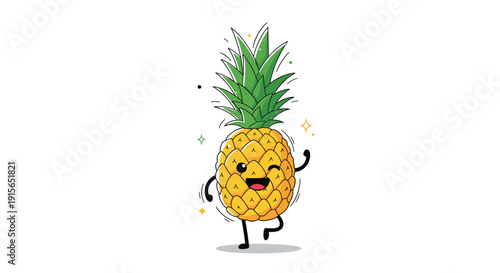 Cheerful pineapple cartoon character with a smiling face and winking eye dancing happily on a white background with sparkles.