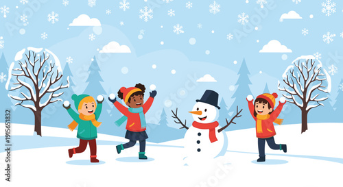 Three happy children playing in the snow and building a snowman together in a beautiful winter landscape with pine trees.