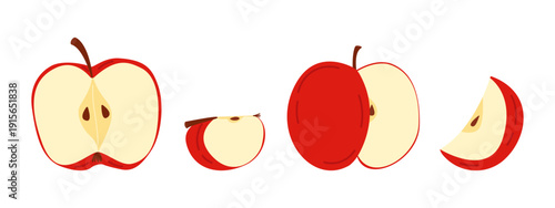 A set of red apples in flat vector style, isolated on a light background: half an apple with seeds, whole and sliced ​​apples, side view, and slice. A collection of fresh, healthy apples for the fall