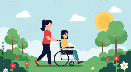 Young woman pushing a friend in a wheelchair through a beautiful green park on a sunny day with trees, flowers, and a bright yellow sun.