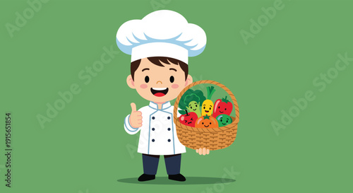 Young boy dressed as a professional chef giving a thumbs up while holding a wicker basket filled with happy smiling vegetable characters.