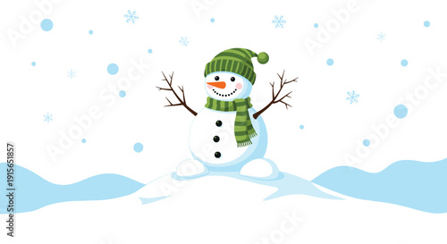 Happy cartoon snowman wearing a green striped hat and scarf standing on a snowy hill during a gentle winter snowfall with snowflakes.
