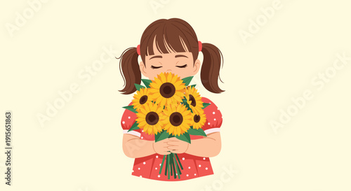 Cute young girl with brown pigtails holding a large bunch of bright sunflowers and smelling them with her eyes closed in a yellow space.