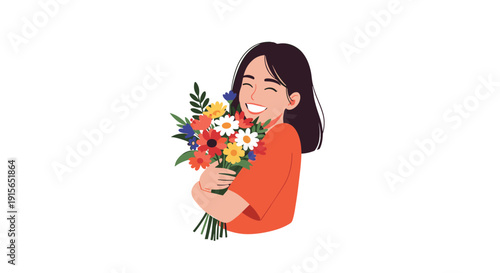 Happy young woman with black hair hugging a beautiful colorful bouquet of flowers and smiling with her eyes closed in joy and gratitude.