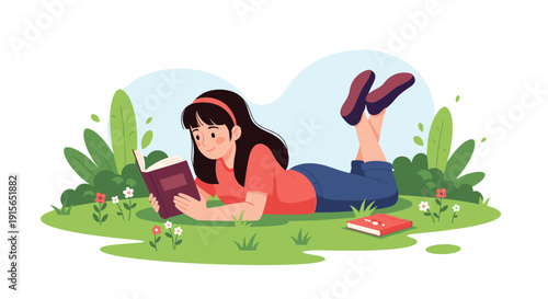 Young girl with dark hair lying on green grass in a meadow reading a book surrounded by lush plants and colorful wildflowers in nature.