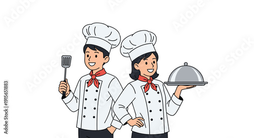Professional male and female chefs in white uniforms smiling together while holding kitchen utensils and a silver serving platter dish.