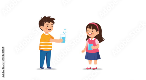 Young boy sharing a glass of fresh water with a young girl in a simple cartoon style depicting healthy habits and friendship concepts.