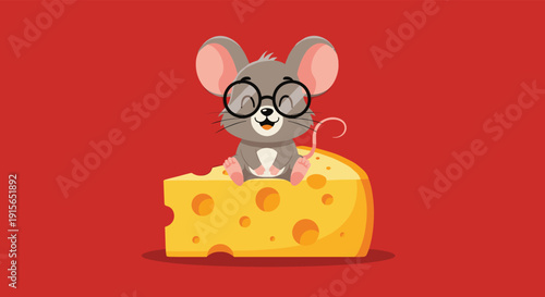Cute grey mouse wearing large round glasses sitting on top of a big wedge of yellow cheese against a bright solid red background.