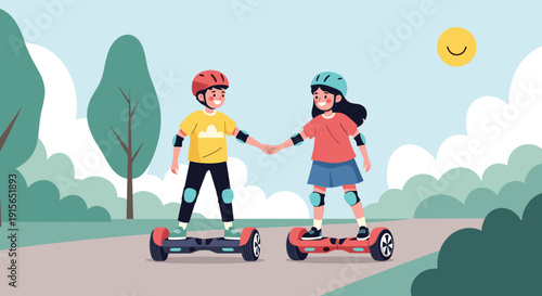 Boy and girl wearing safety helmets and pads riding hoverboards together on a park path during a sunny day with trees and sun.
