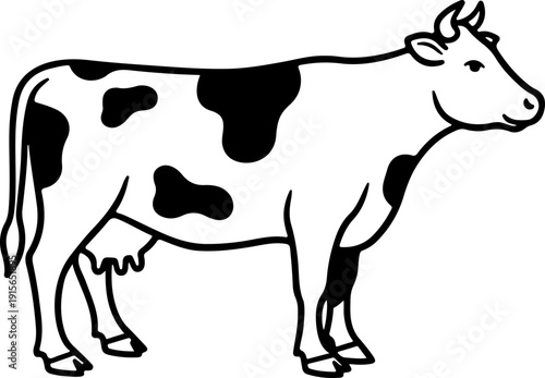 Cow Line Art Illustration, Spotted Dairy Cattle Farm Animal Outline