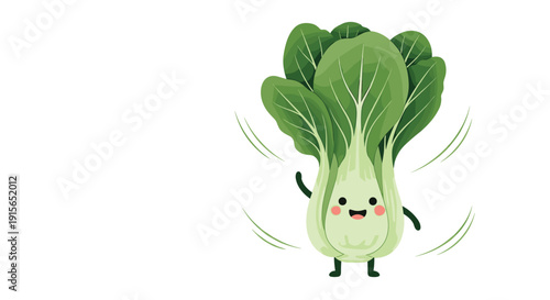 Cute cartoon bok choy character with a friendly smiling face and blushing cheeks waves its hand while surrounded by motion line accents.