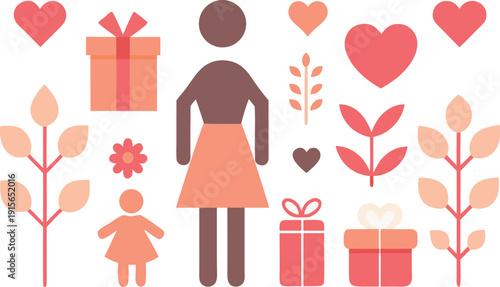 Mother and child with hearts and gifts isolated on transparent background, Vector, illustration