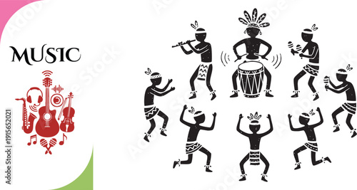 Black and White Tribal Dancers and Percussionists in Ceremonial Performance