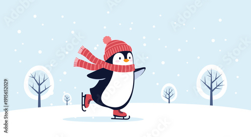 Cute cartoon penguin wearing a red knitted hat and matching scarf enjoys ice skating on a frozen lake in a serene winter landscape at sunset.