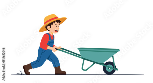 Energetic young boy dressed as a farmer pushing a green wheelbarrow while wearing a straw hat and overalls in the garden.