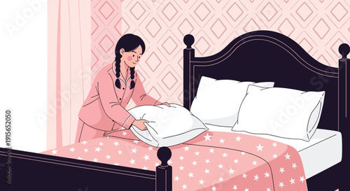 Young girl in pink pigtails and pajamas fixes her pillow while preparing her bed with a star-patterned blanket for a comfortable sleep.