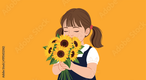 Sweet young girl with pigtails closing her eyes while smelling a beautiful bouquet of bright yellow sunflowers on an orange background.