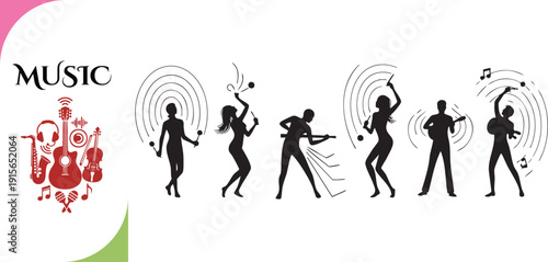 Silhouettes of Dancers and Musicians with Abstract Circular Sound Waves