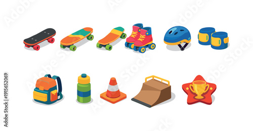 Skating and adventure 3d icon set for outdoor and extreme sports enthusiasts