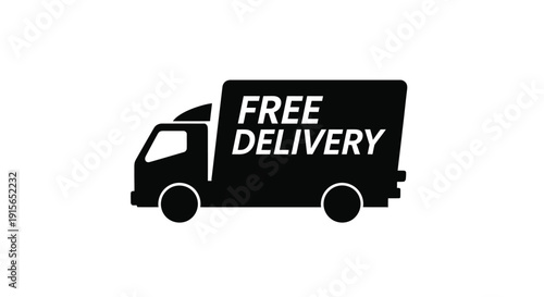 Black delivery truck graphic with free delivery text a bold silhouette