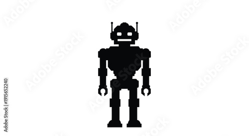 A dark robotic figure stands centered against a white background silhouette