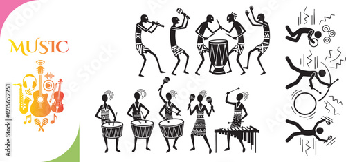 Diverse Music Performance Silhouettes with Jazz Rock and Tribal Elements