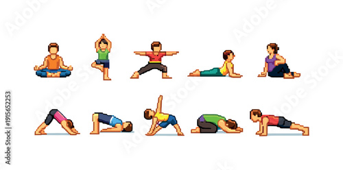 Yoga and fitness flat icon set. Exercise and wellness symbols for healthy living.
