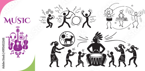 Evolution of Music Set Featuring Primitive Tribal Rituals and Modern Stick Figure Band