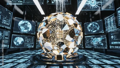 Futuristic data center with glowing blue servers and digital tunnel effect