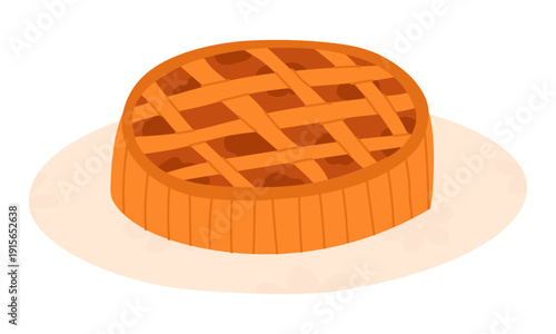 Autumn pie dessert with golden crust on plate. Cozy fall bakery illustration for seasonal menus, packaging, and food designs. Hand drawn vector illustration.