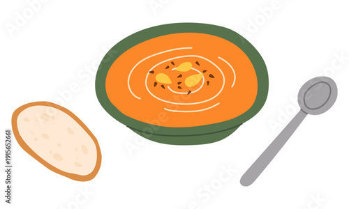 Autumn pumpkin soup bowl with spoon. Warm fall food illustration for seasonal menus, recipe designs, and cozy kitchen decor. Hand drawn vector illustration.