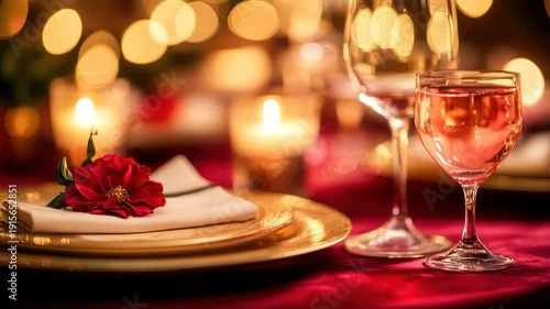 Romantic fine dining table setting closeup with warm candlelight soft focus bokeh background and wine