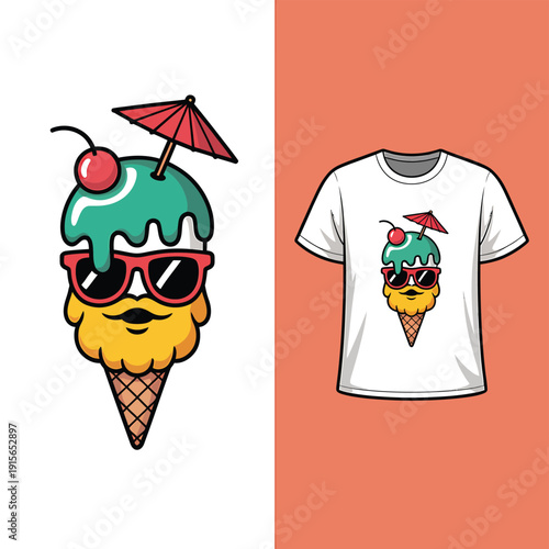 Cute ice cream cone character wearing sunglasses displayed on a t shirt