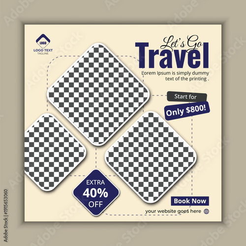 Professional travel agency marketing social media template highlighting scenic destinations and tourism promotion