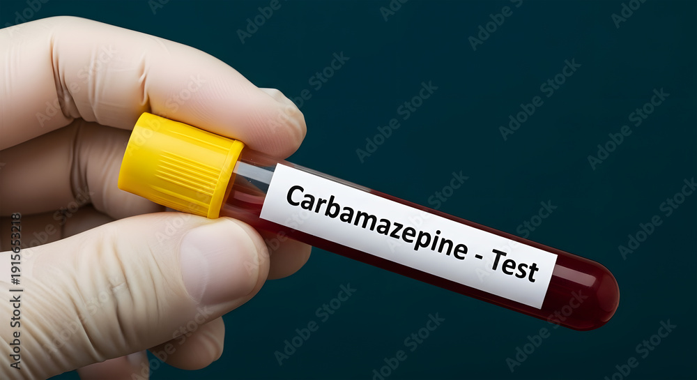 Obraz premium Hand in glove holding blood sample test tube labeled Carbamazepine image