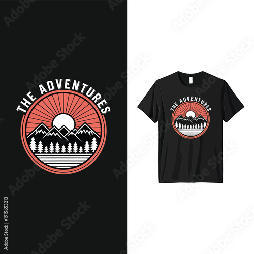 Graphic tee design featuring mountains sun and the word adventures