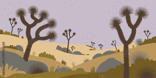Joshua Tree Poster, desert landscape with spiky trees purple sky and white sun retro illustration design