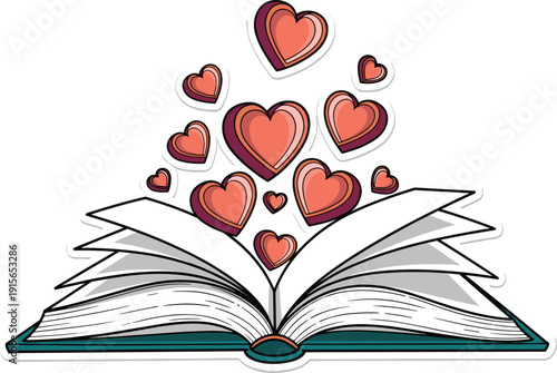 An open book releasing a cascade of red hearts symbolizing love for reading and stories isolated on transparent background, Vector