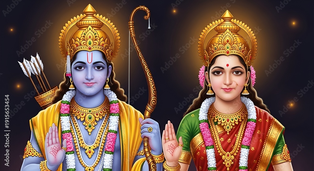 Fototapeta premium Hindu religious god Rama or Ram with goddess Sita for religious, story of Ramayana, Hindu festival Ram navmi,