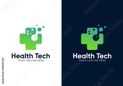 Health technology vector logo design, medical science technology logo with health cross sign and technology molecule with green color nuance