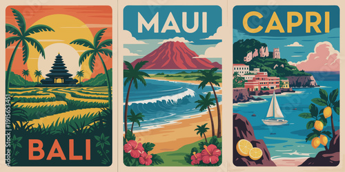 Bali Poster, dark blue temple Asian architecture with volcanic beach tropical travel illustration design