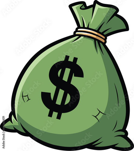 A green sack filled with money symbolizing wealth and financial abundance isolated on transparent background, Vector