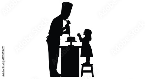 Father and daughter celebrating a birthday with a cake silhouette