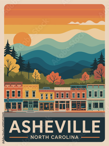 Asheville North Carolina Poster, vintage travel illustration scenic mountain city retro design