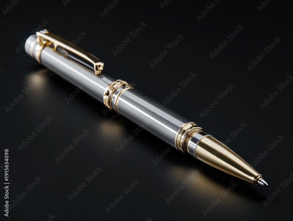 Naklejka premium elegant metal ballpoint pen with spotlight isolated on a black background