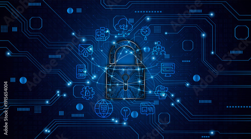 Lock icon with circuit board technology cyber security and privacy data protection. Innovation concept of future security technology.