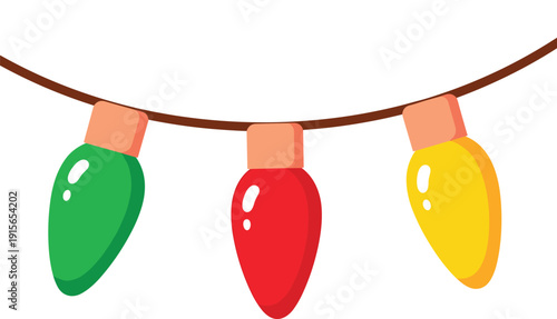 Colorful string of three hanging holiday lights in festive colors isolated on transparent background, Vector