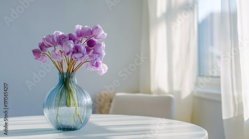 Lifestyle spring home interior with minimal decor, fresh flowers on a table, soft daylight and clean modern aesthetic