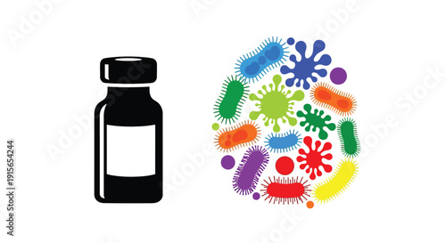 A black vial positioned near colorful abstract representations of microbes